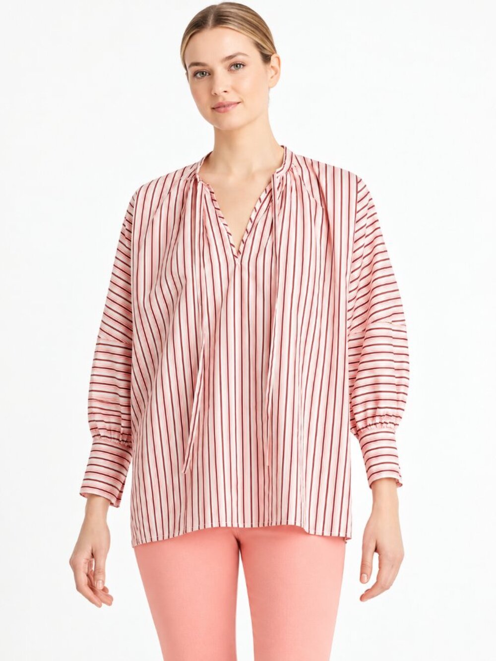 BOSS Bateco Striped Tie Neck Blouse Puff Sleeve Lyocell Size 12 NWOT